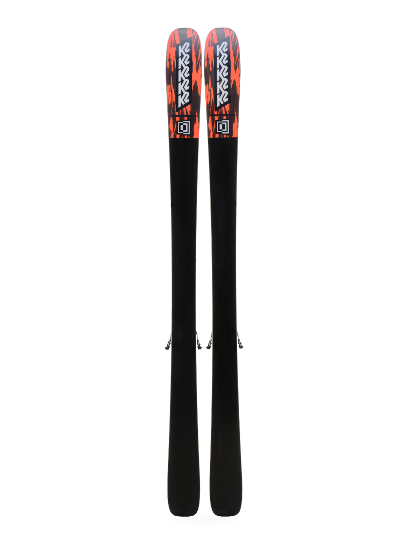 Pair of black skis with orange logos, viewed from above