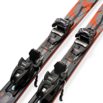 Two gray skis with orange borders and black bindings, side angle detail