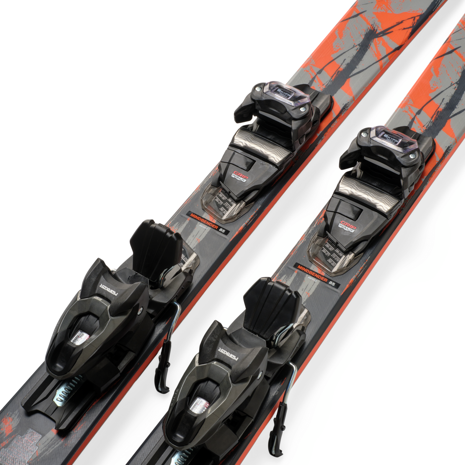 Two gray skis with orange borders and black bindings, side angle detail