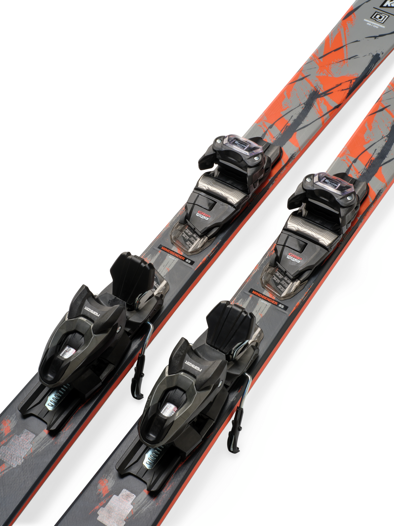 Two gray skis with orange borders and black bindings, side angle detail