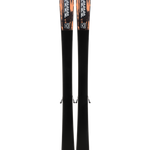 Pair of teal and black skis with mounted bindings