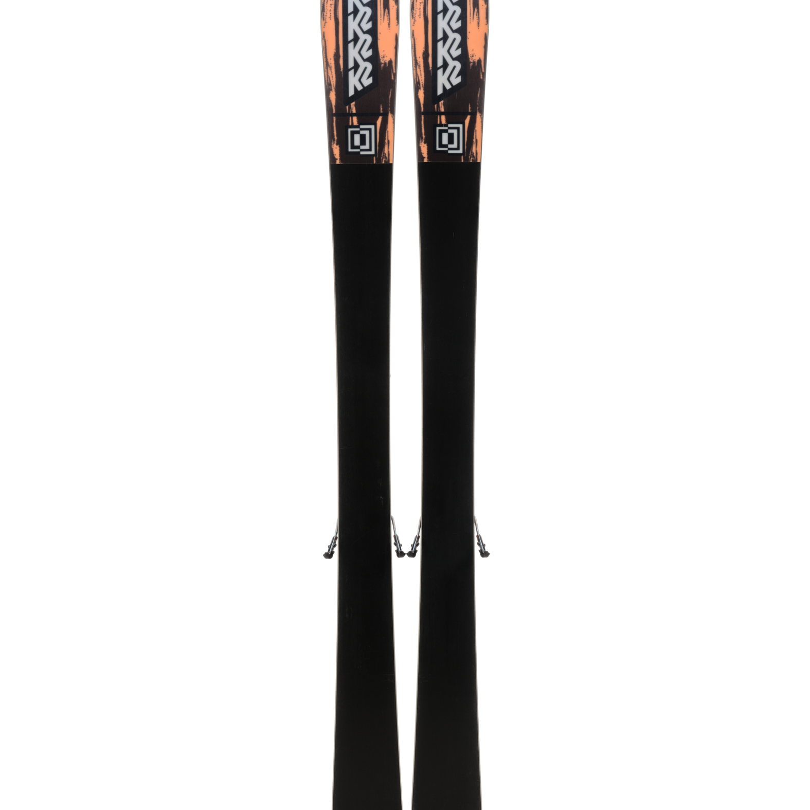 Pair of teal and black skis with mounted bindings