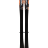 Pair of teal and black skis with mounted bindings