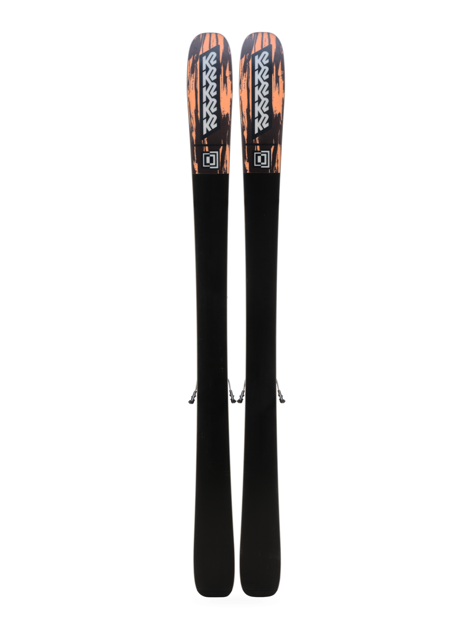 Pair of teal and black skis with mounted bindings