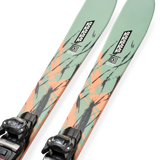 Mint skis with orange graphic tops and black bindings