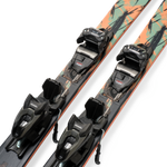 Mint skis with mounted black bindings, angled side view