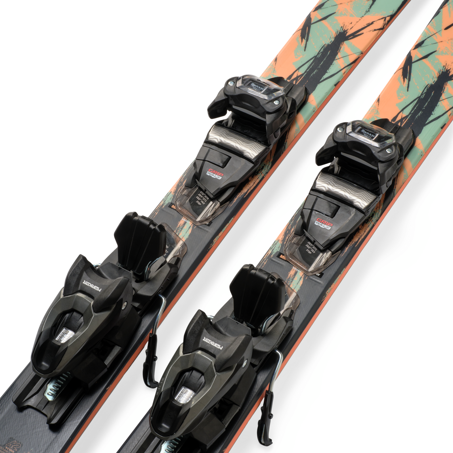 Mint skis with mounted black bindings, angled side view