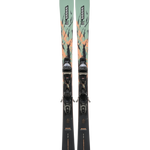 Pair of mint skis with black bindings and teal patterned tops