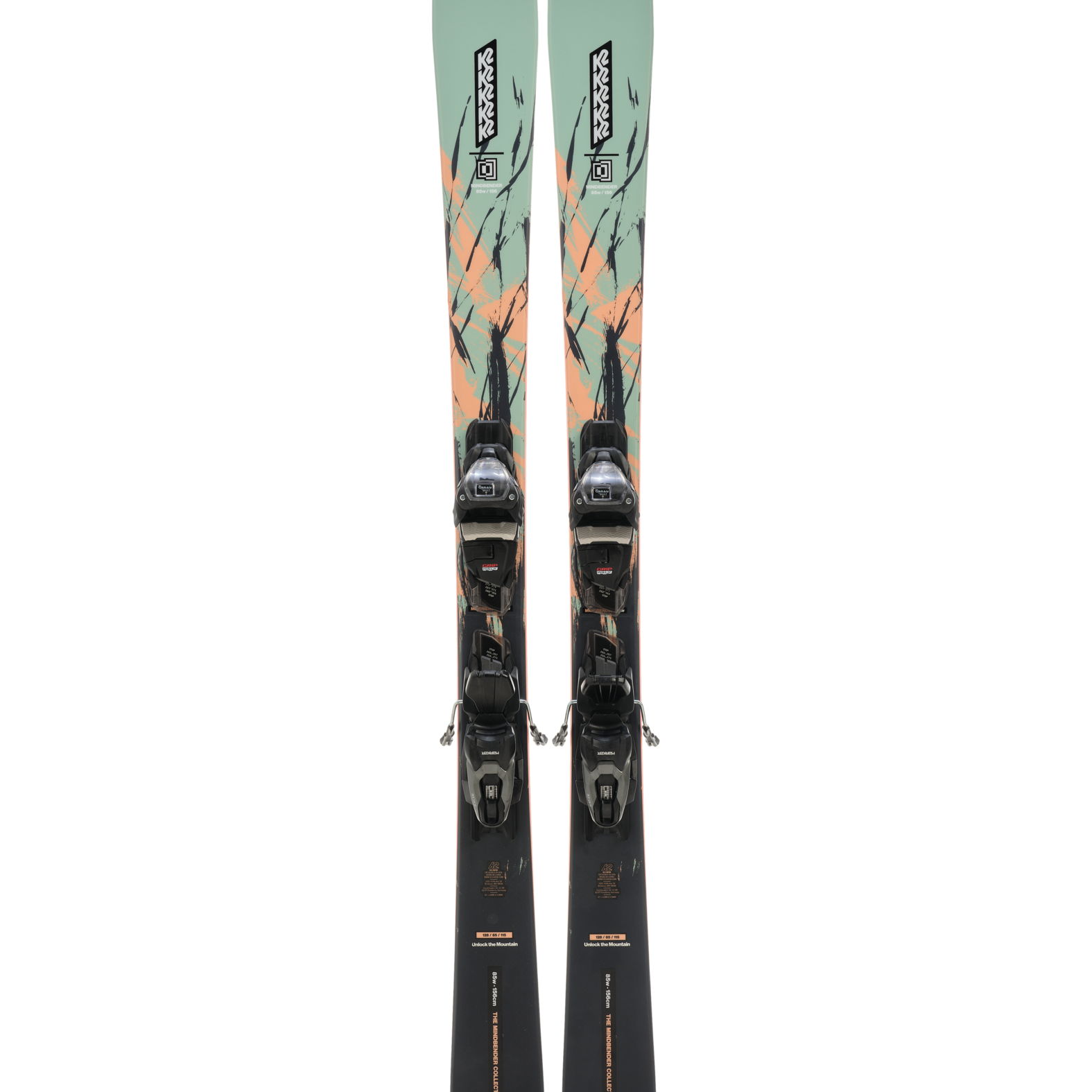 Pair of mint skis with black bindings and teal patterned tops