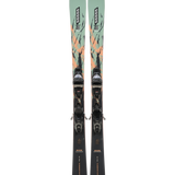 Pair of mint skis with black bindings and teal patterned tops