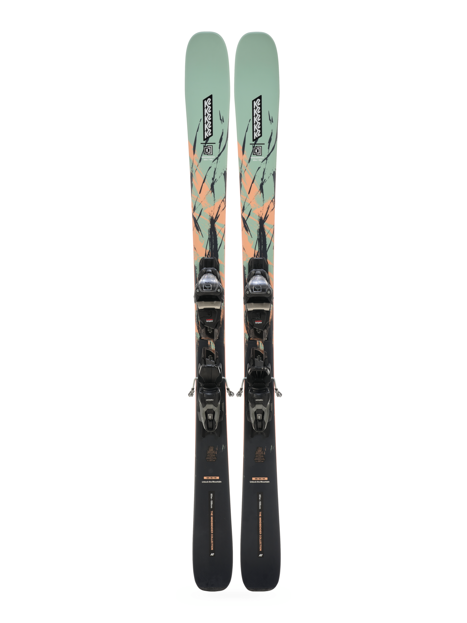 Pair of mint skis with black bindings and teal patterned tops