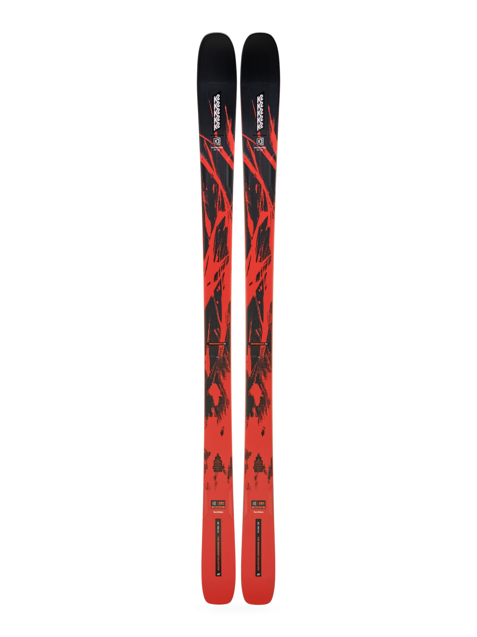 K2 Mindbender 88 skis, black and red graphic design on twin tips