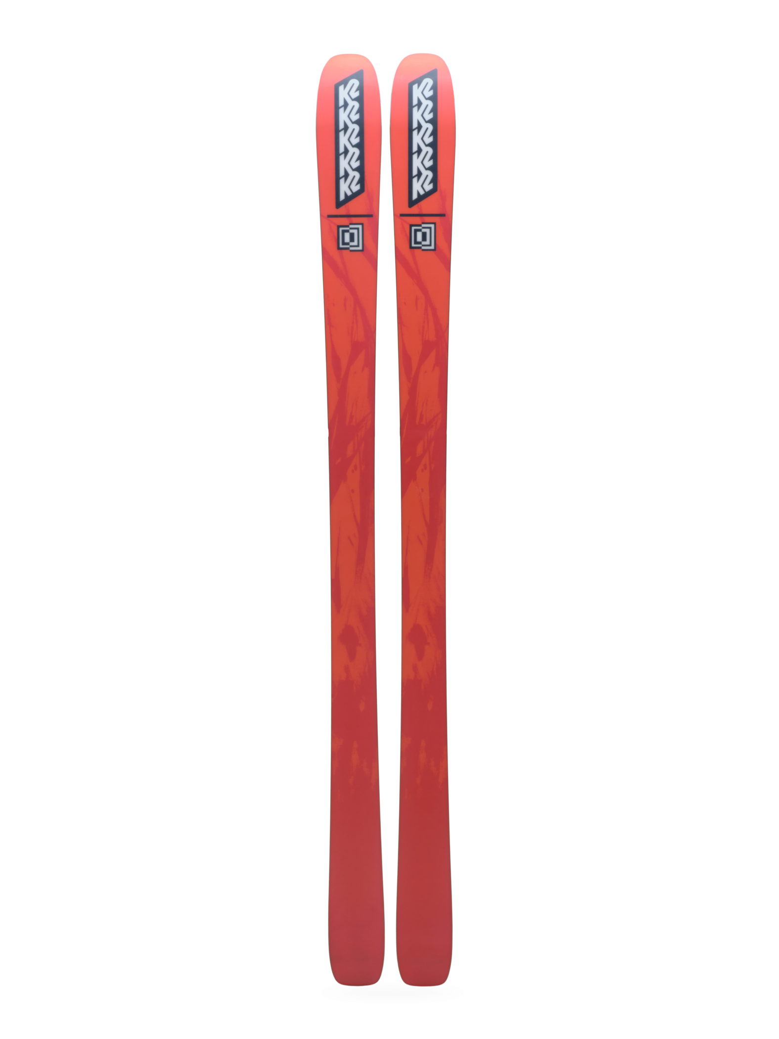 K2 Mindbender 88 skis, side view with red tops and black accents