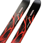 K2 Mindbender 88 skis, angled close-up of red and black topsheets