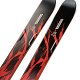 K2 Mindbender 88 skis, angled close-up of red and black topsheets