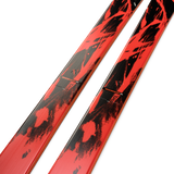 K2 Mindbender 88 skis, angled view of red top with black speckle graphics