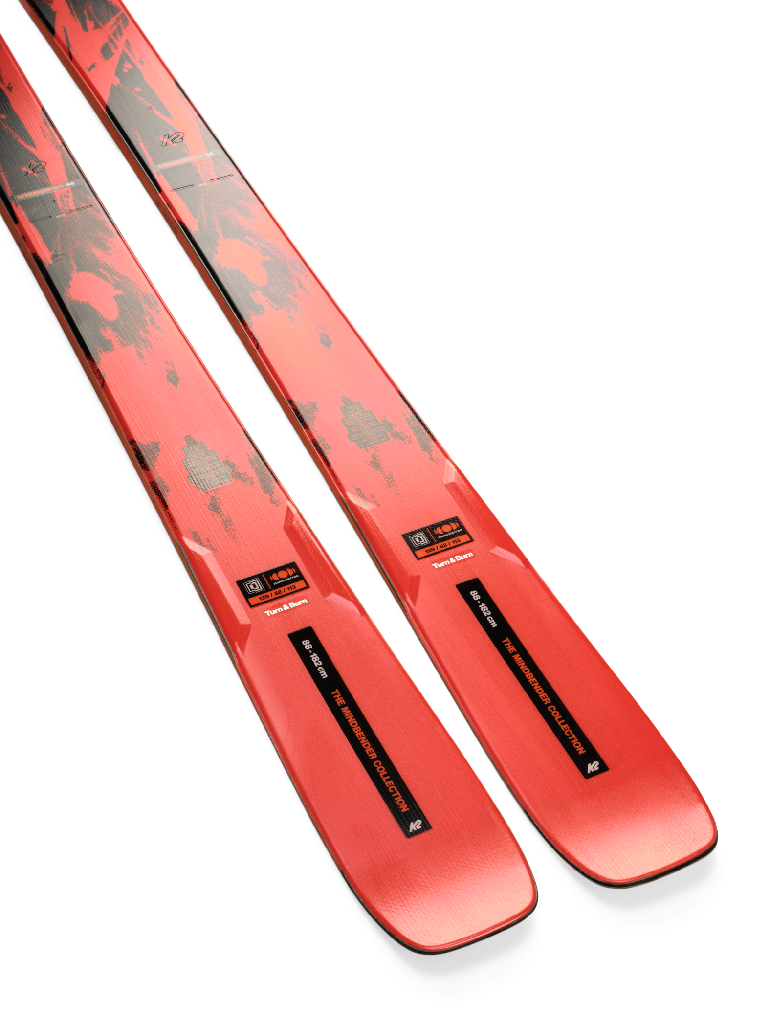 K2 Mindbender 88 skis, underside view with red edges and black text labels