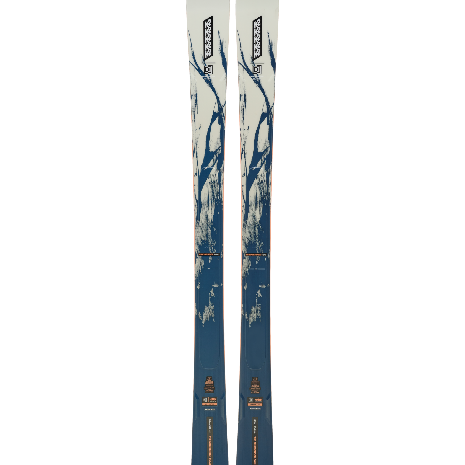 K2 Mindbender 88 skis, white tops with blue graphic and orange edges