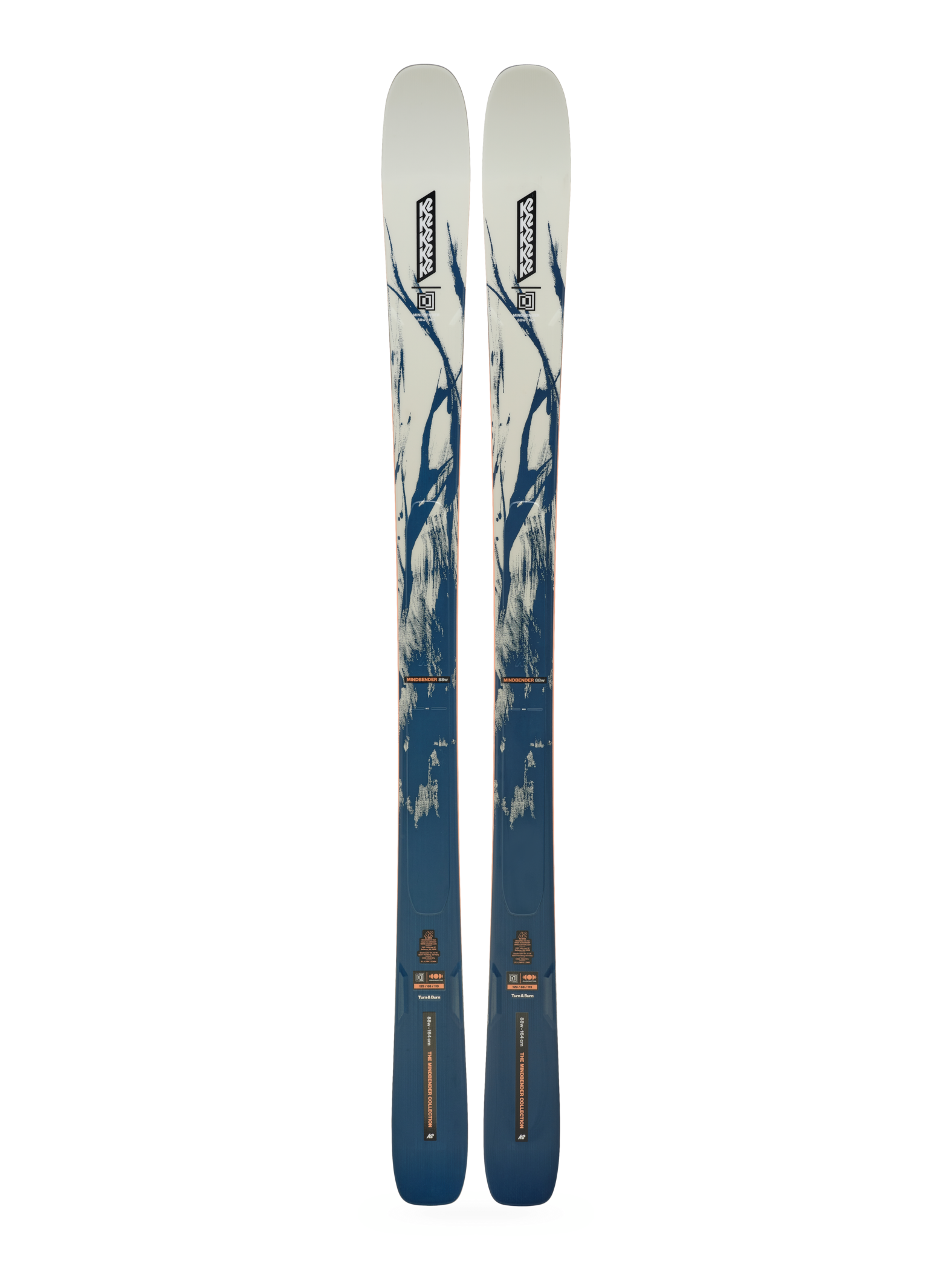 K2 Mindbender 88 skis, white tops with blue graphic and orange edges