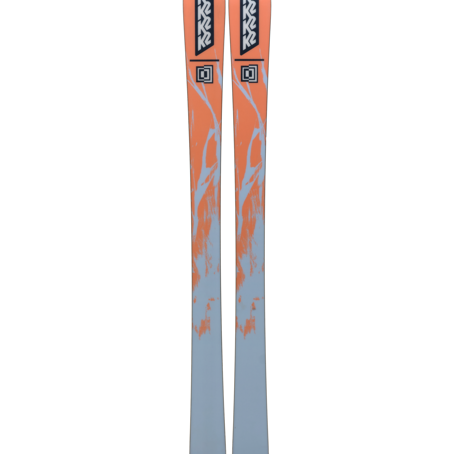 K2 Mindbender 88 skis, orange-and-blue tops with K2 logo, dark blue base