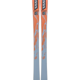 K2 Mindbender 88 skis, orange-and-blue tops with K2 logo, dark blue base