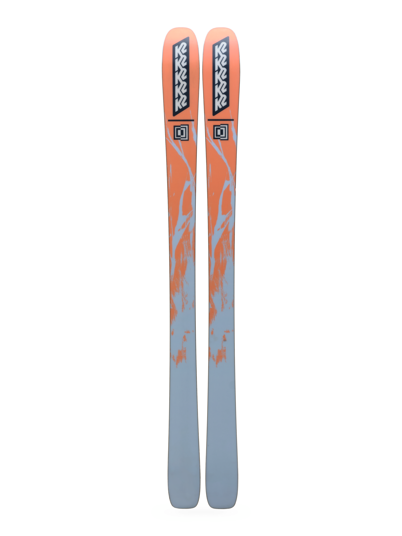 K2 Mindbender 88 skis, orange-and-blue tops with K2 logo, dark blue base
