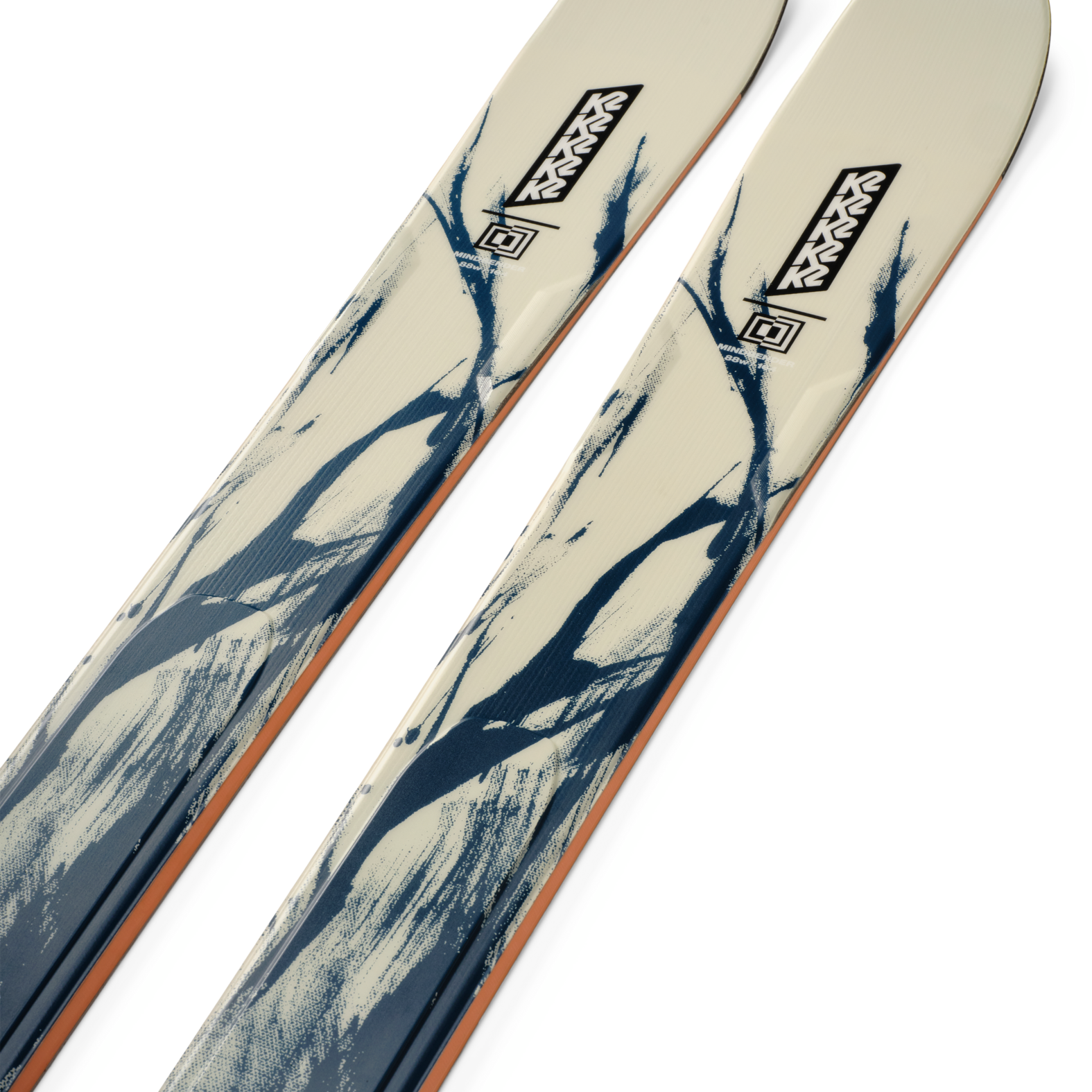 K2 Mindbender 88 skis pair, white top sheet with blue mountain graphic