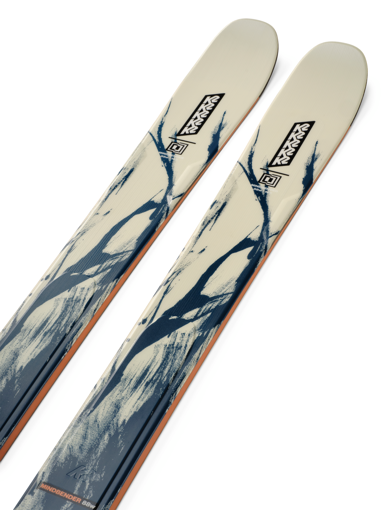K2 Mindbender 88 skis pair, white top sheet with blue mountain graphic
