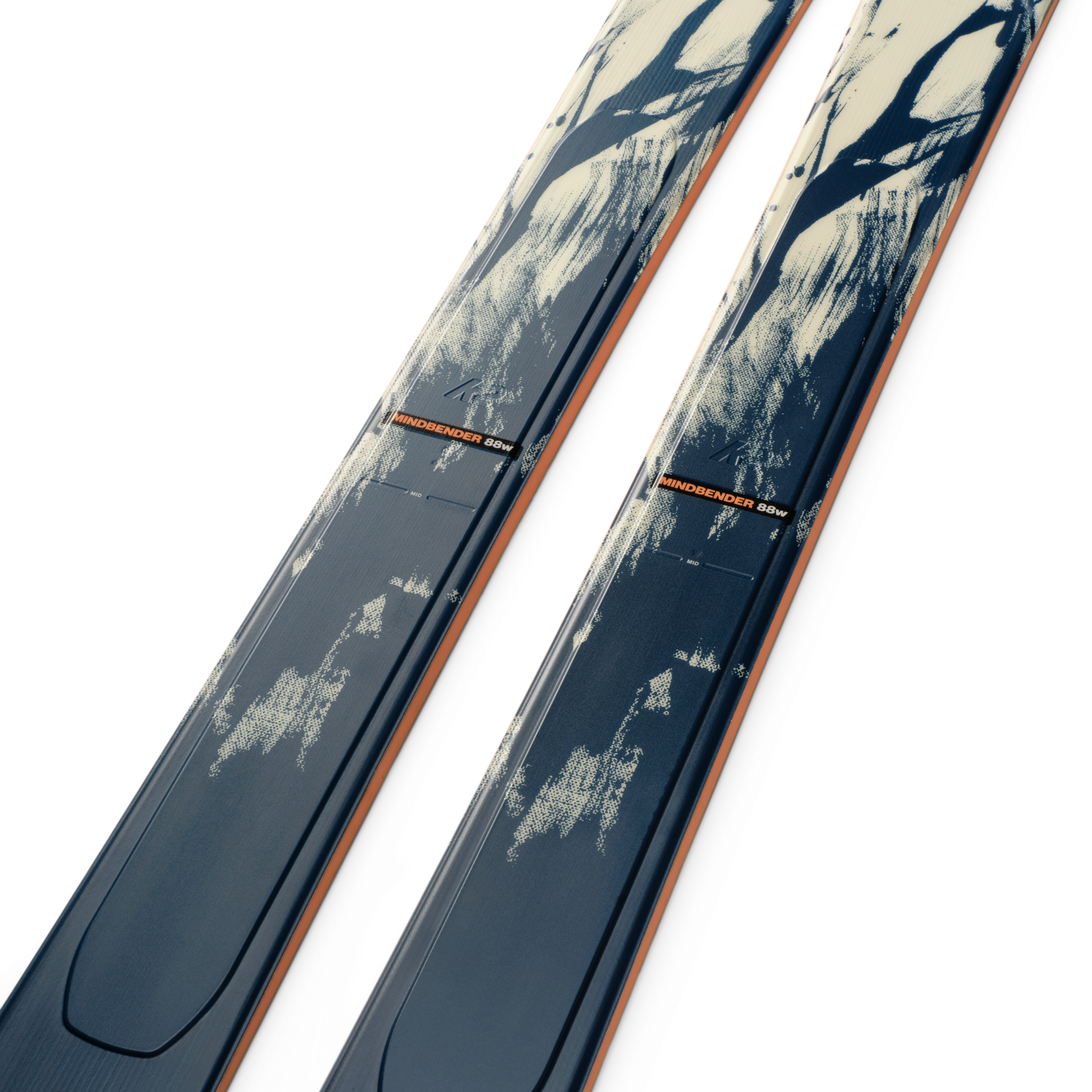 K2 Mindbender 88 skis, blue bases with orange side stripe and curved top edge