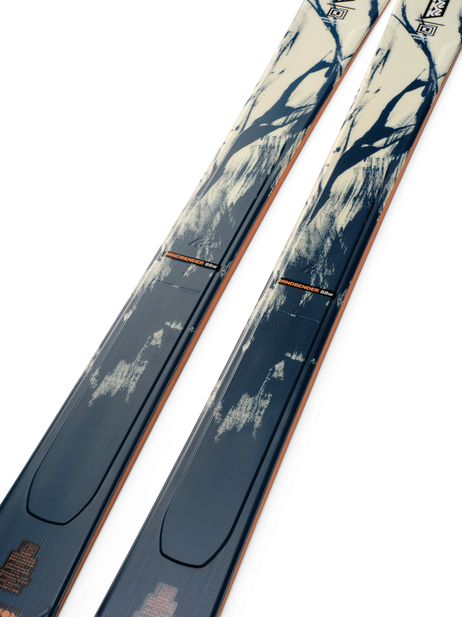 K2 Mindbender 88 skis, blue bases with orange side stripe and curved top edge