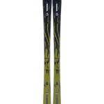 Black and gold skis with lime graphics, full pair upright view