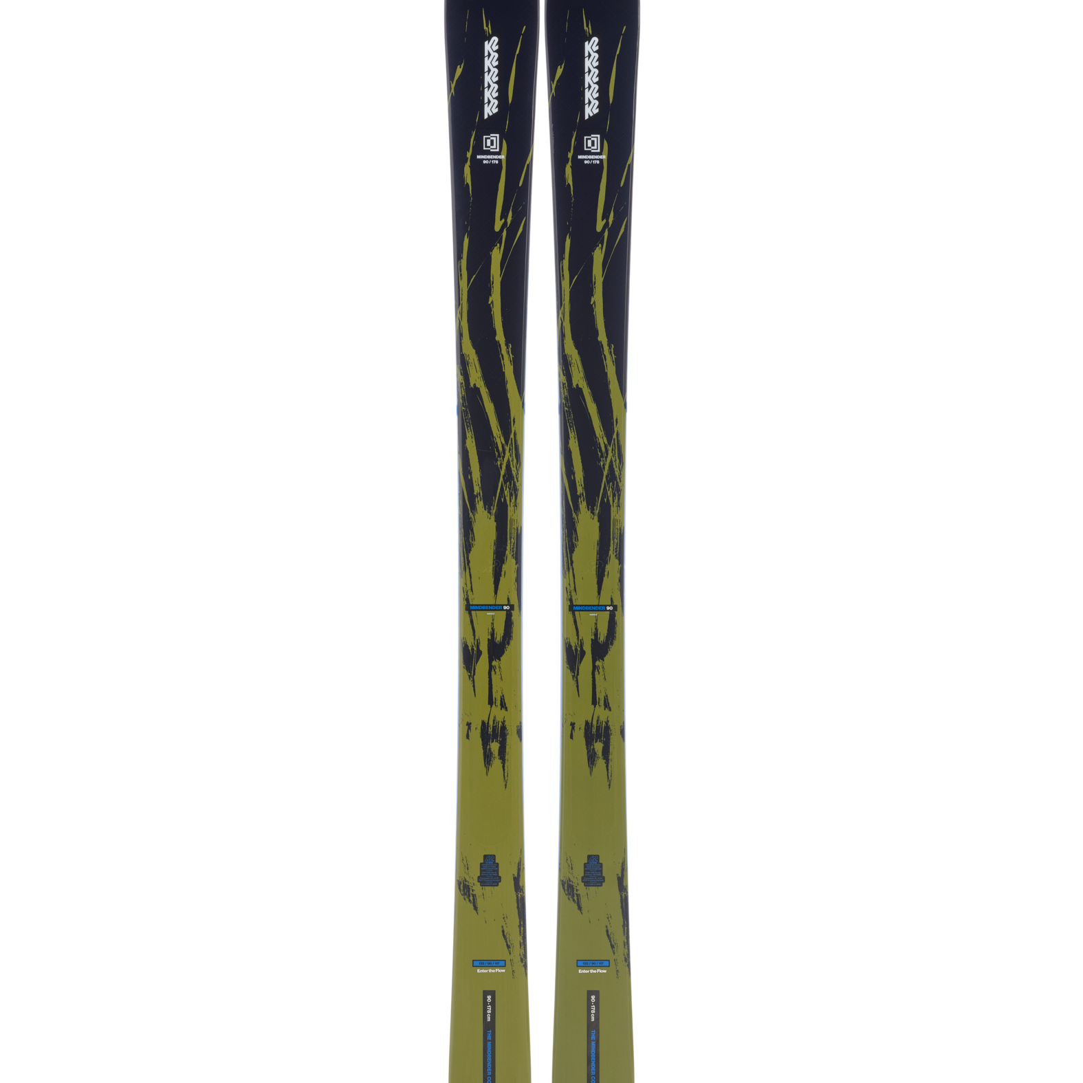Black and gold skis with lime graphics, full pair upright view