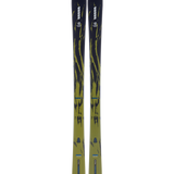 Black and gold skis with lime graphics, full pair upright view