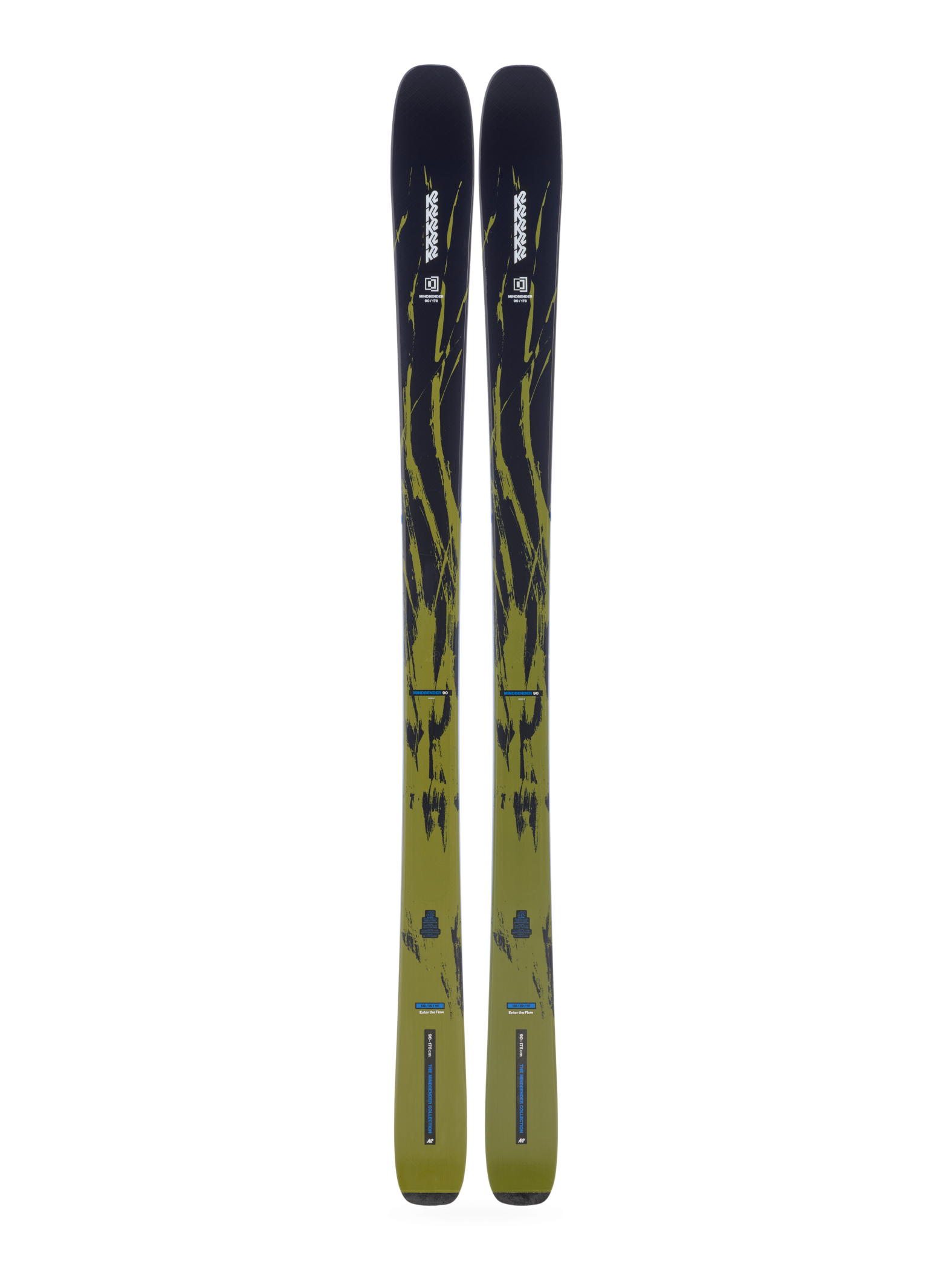Black and gold skis with lime graphics, full pair upright view