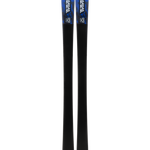 Black skis with blue K2 logos, pair standing upright