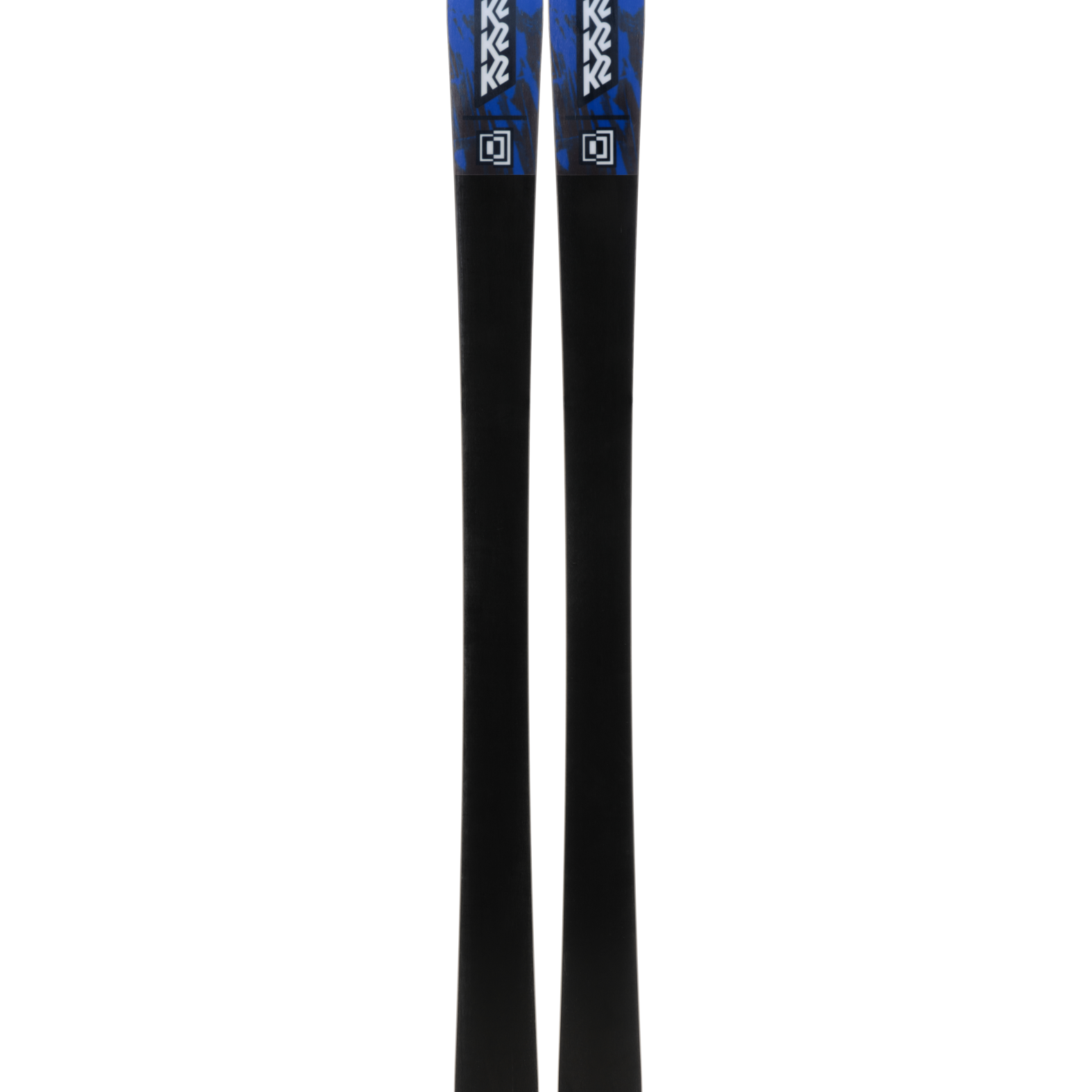 Black skis with blue K2 logos, pair standing upright