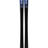 Black skis with blue K2 logos, pair standing upright