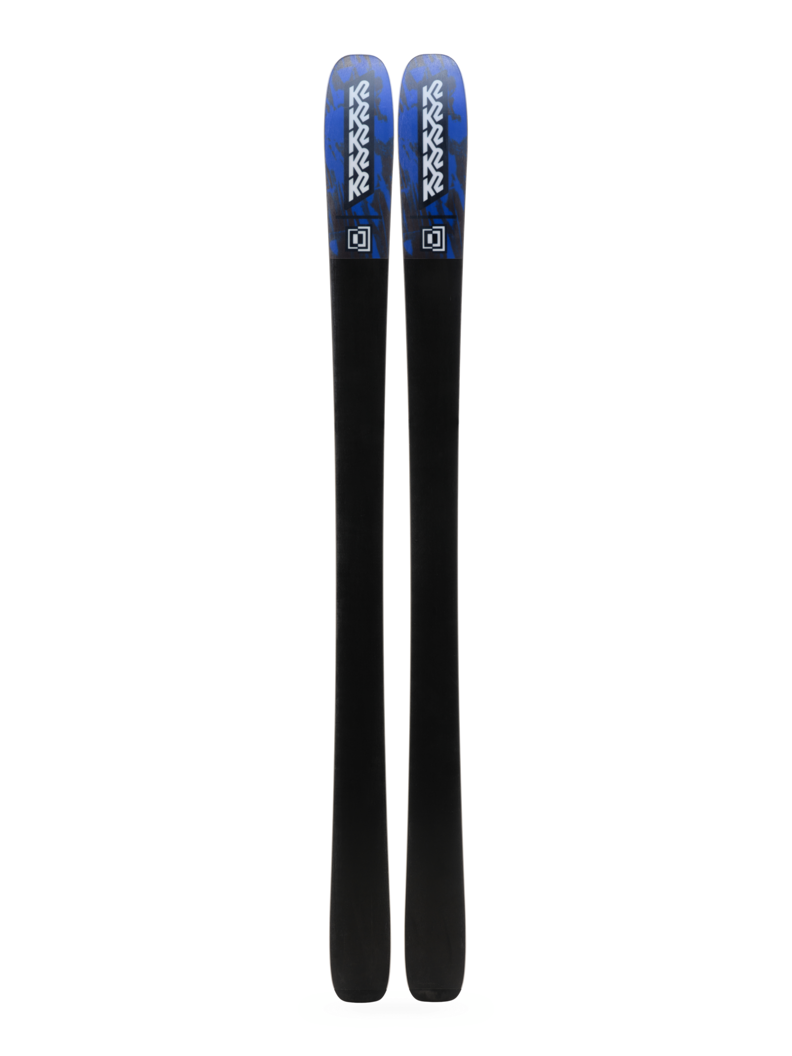 Black skis with blue K2 logos, pair standing upright