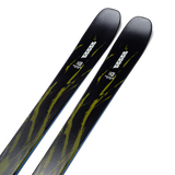 Pair of black skis with lime abstract graphics, angled top view