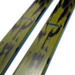 Lime-and-black skis with yellow topsheet and blue stripe, angled view
