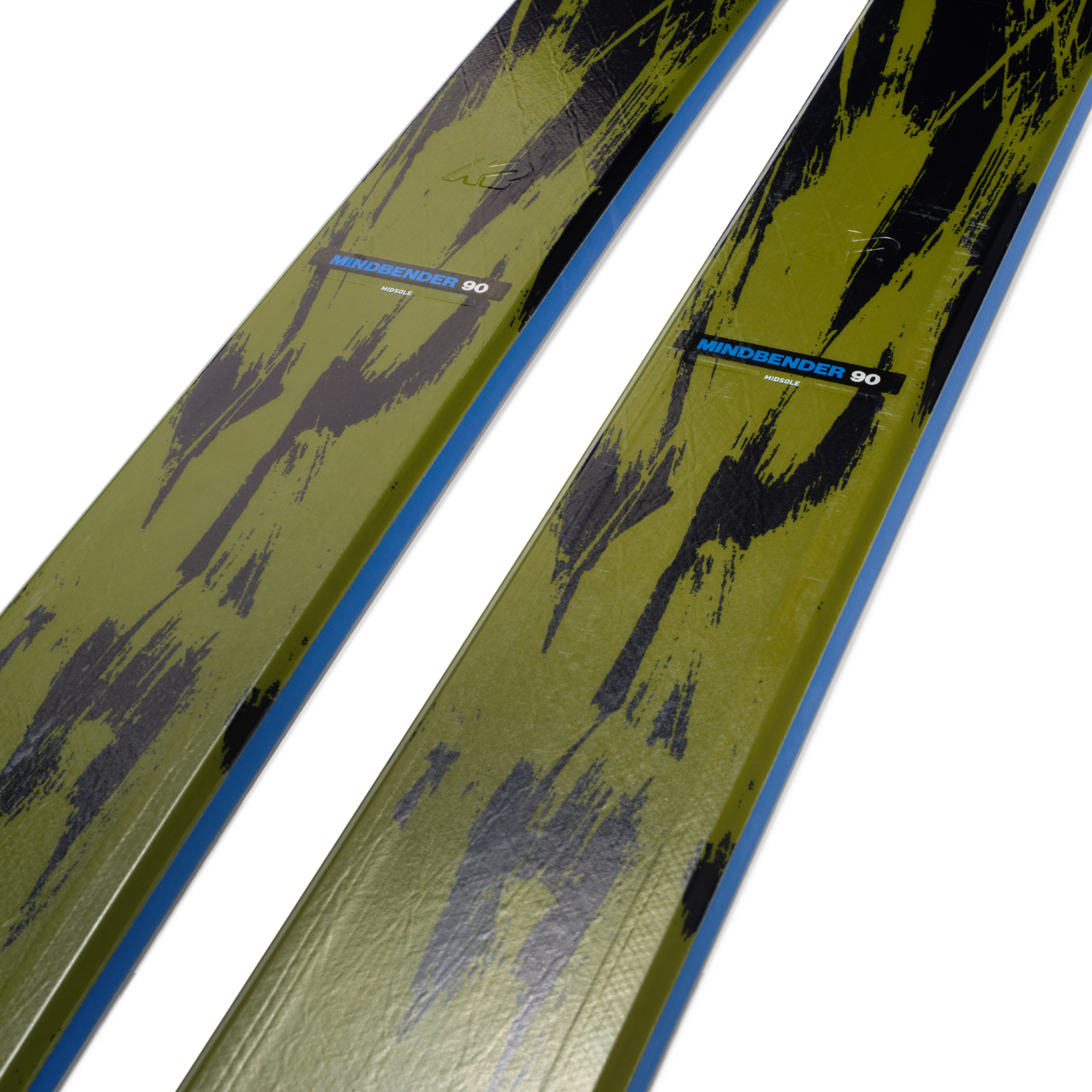Lime-and-black skis with yellow topsheet and blue stripe, angled view