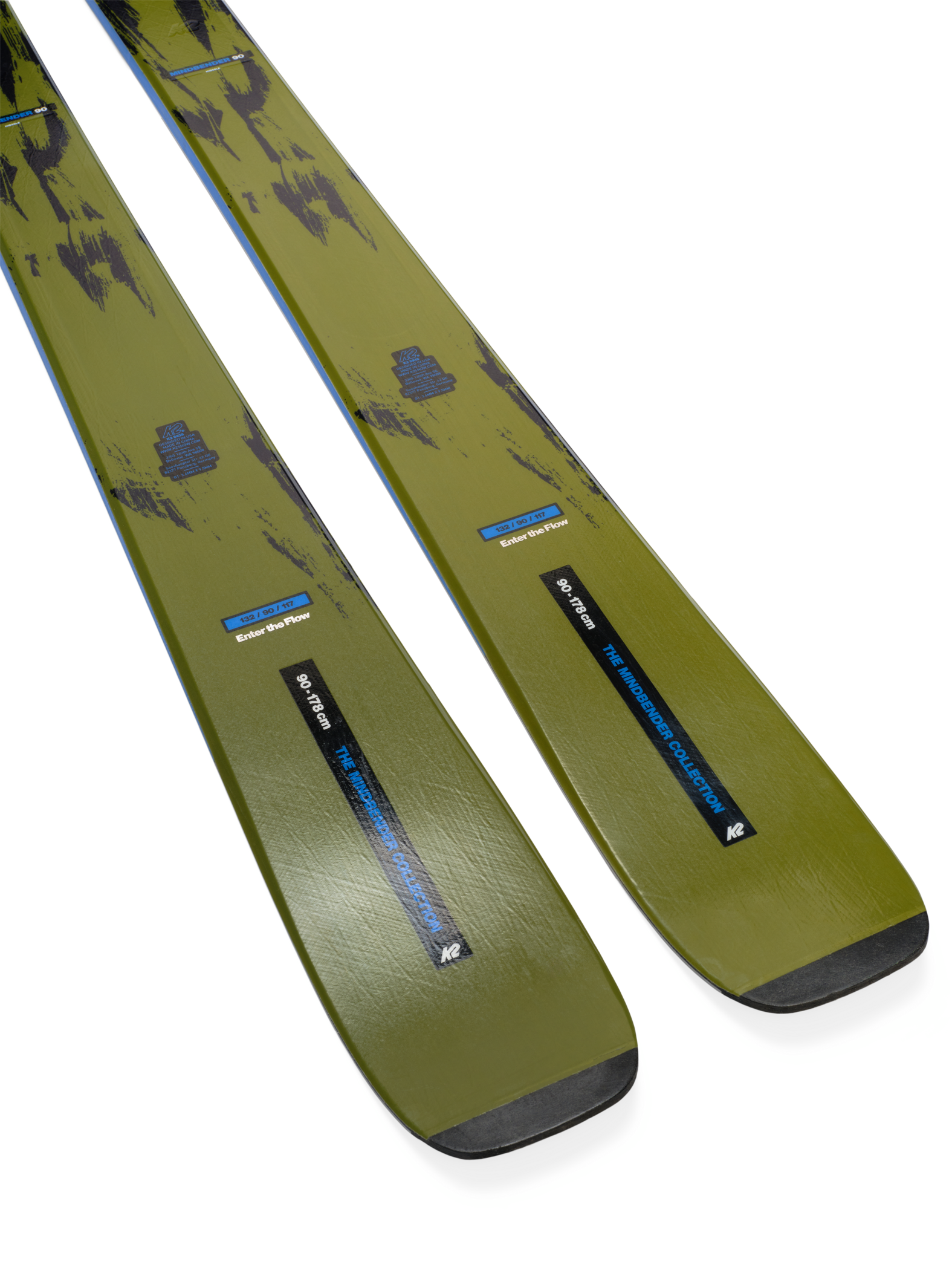 Ski tips and bases in olive/yellow with blue decals, close angled view