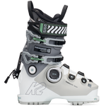 White and grey women’s BOA ski boots, side view, green buckles and dial