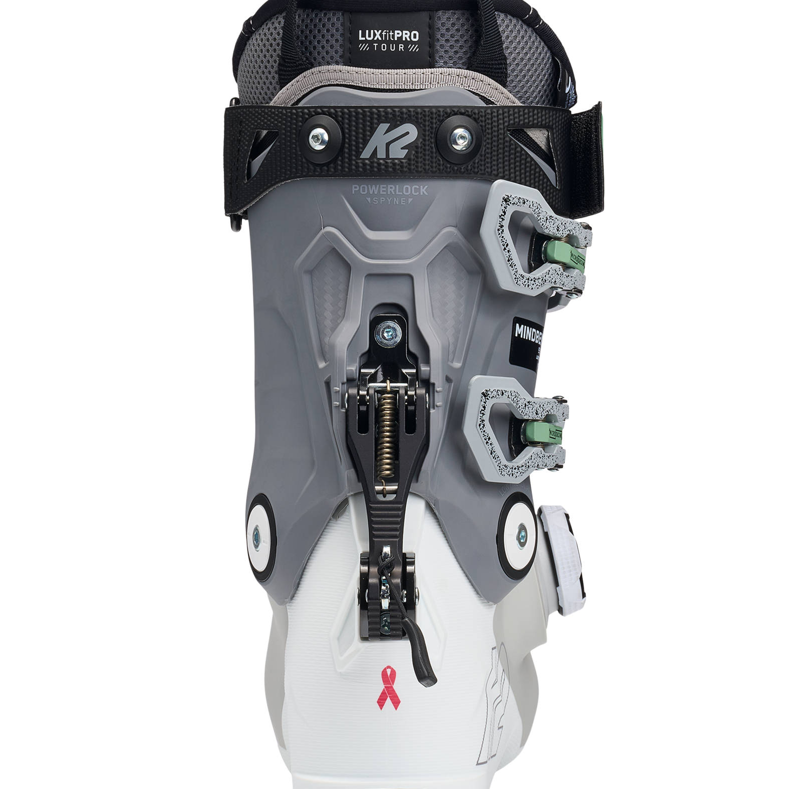 White and grey women’s ski boots with BOA dial and back strap, green details