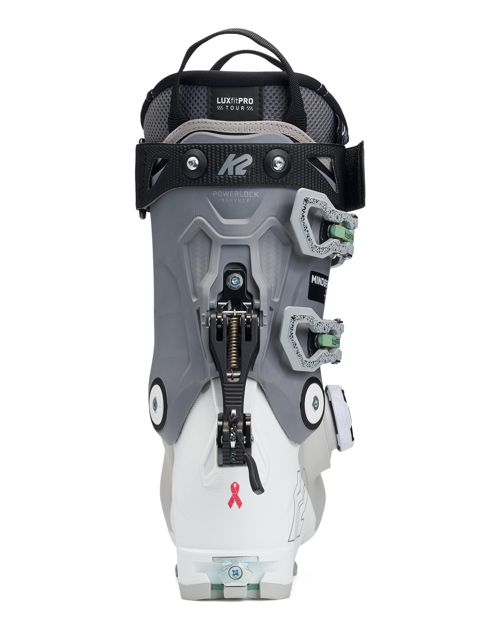 White and grey women’s ski boots with BOA dial and back strap, green details