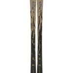 K2 Mindbender 96 skis, tan with dark tips and black brush graphics, standing pair