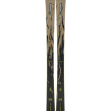 K2 Mindbender 96 skis, tan with dark tips and black brush graphics, standing pair