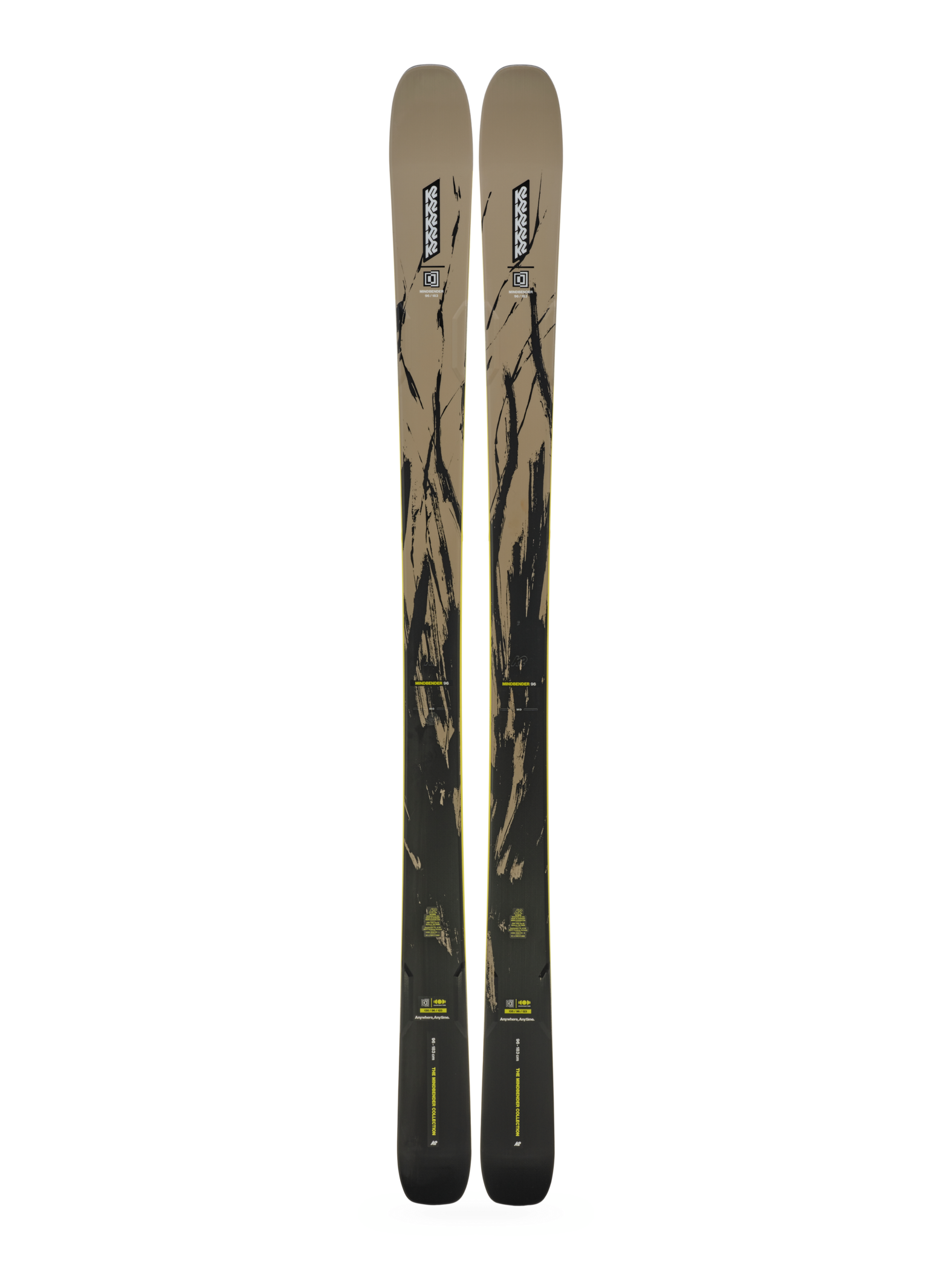 K2 Mindbender 96 skis, tan with dark tips and black brush graphics, standing pair