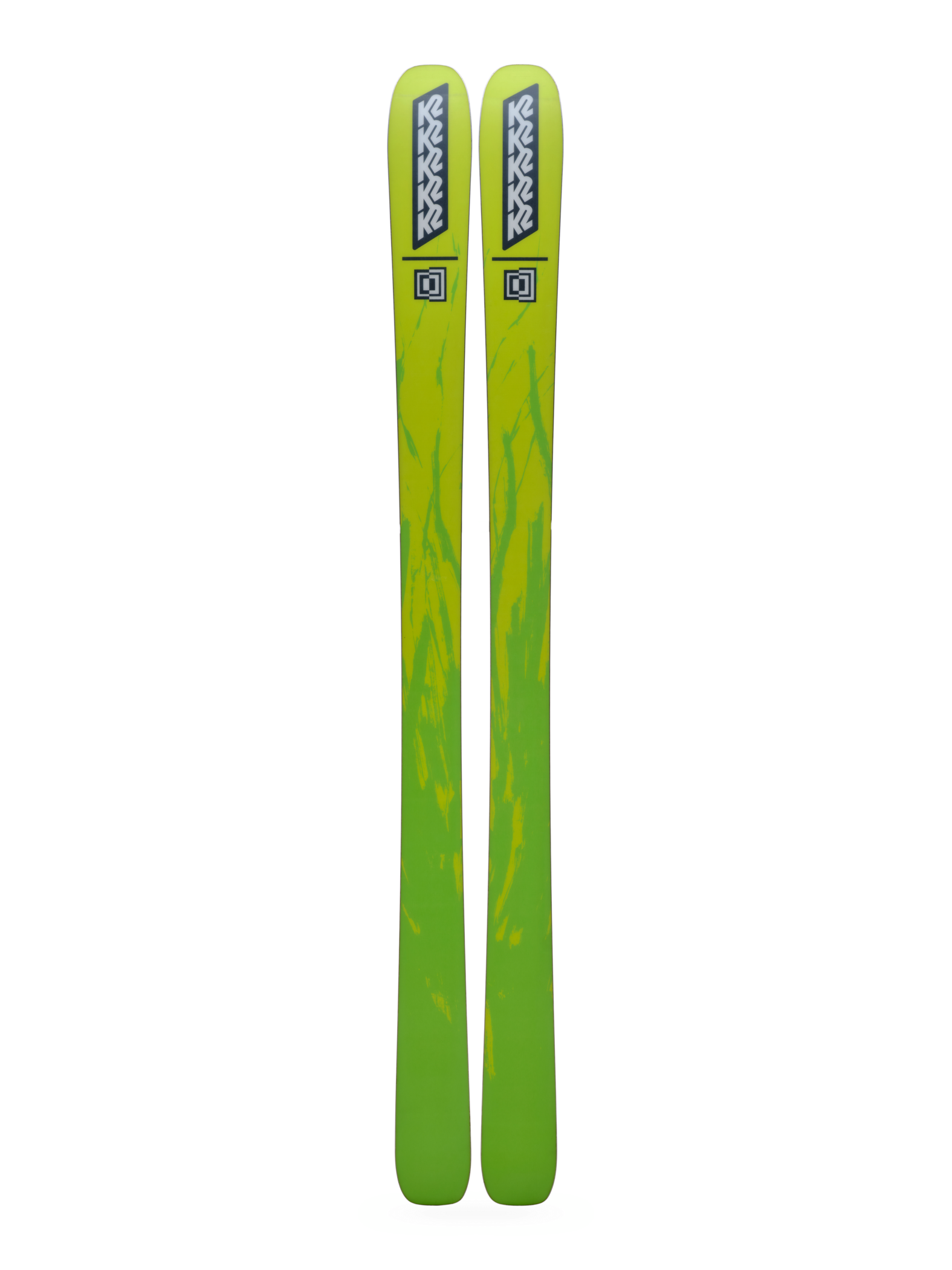 K2 Mindbender 96 skis, bright lime green topsheet with black K2 markings, pair