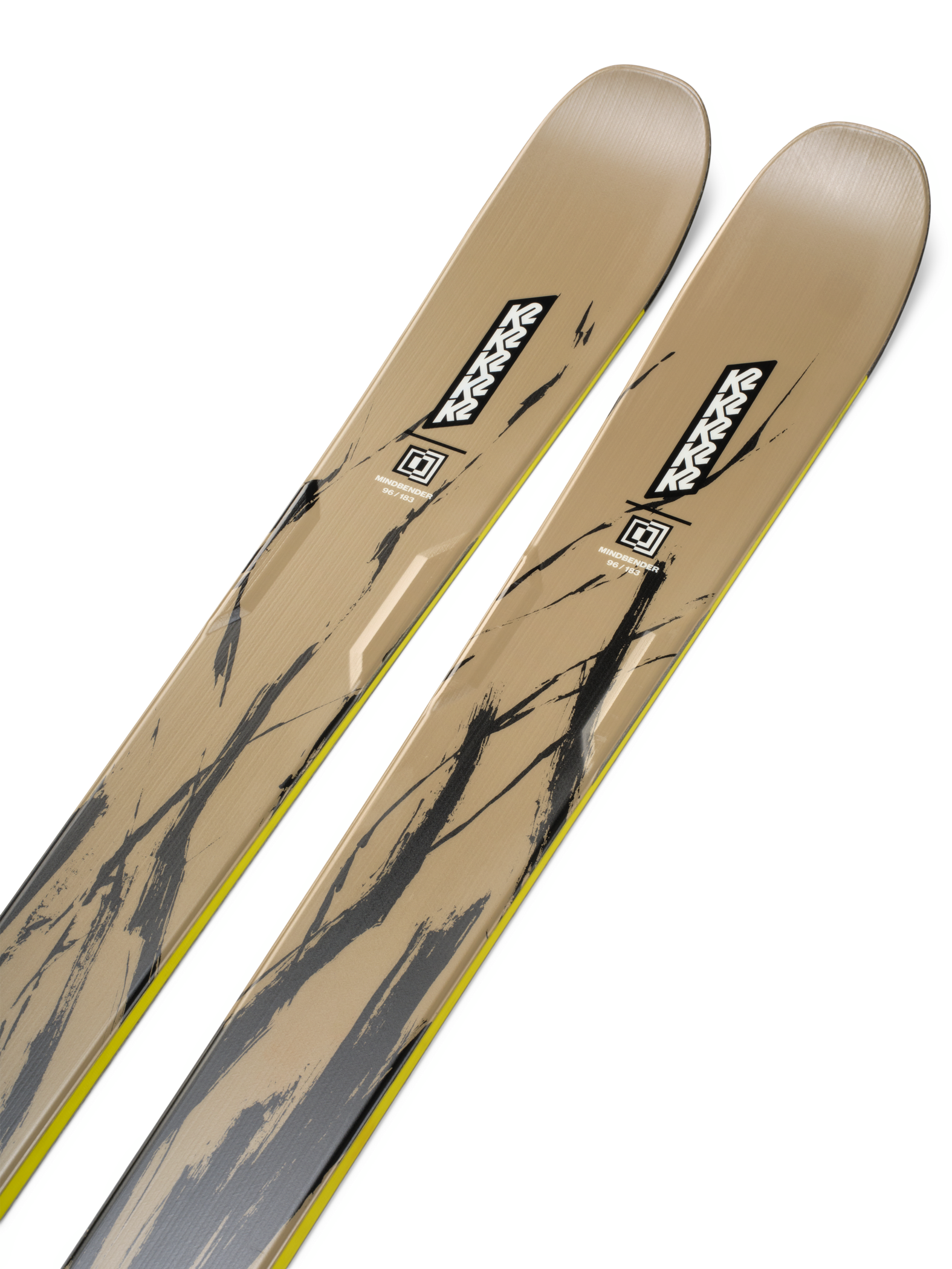 K2 Mindbender 96 skis, tan topsheet with black brush graphics and K2 logos